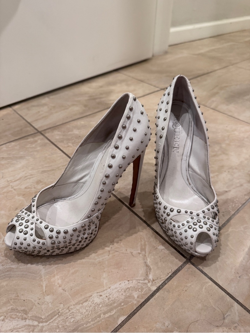Alexander McQueen White Studded Peep-Toe Stiletto Heels